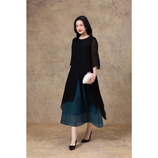 SWANLAKE | Váy Đầm Suông Nữ Xẻ Tà Tay Lỡ Cổ Tròn Vải Tơ Dập Ly Phối Màu Đi Tiệc Công Sở D13235