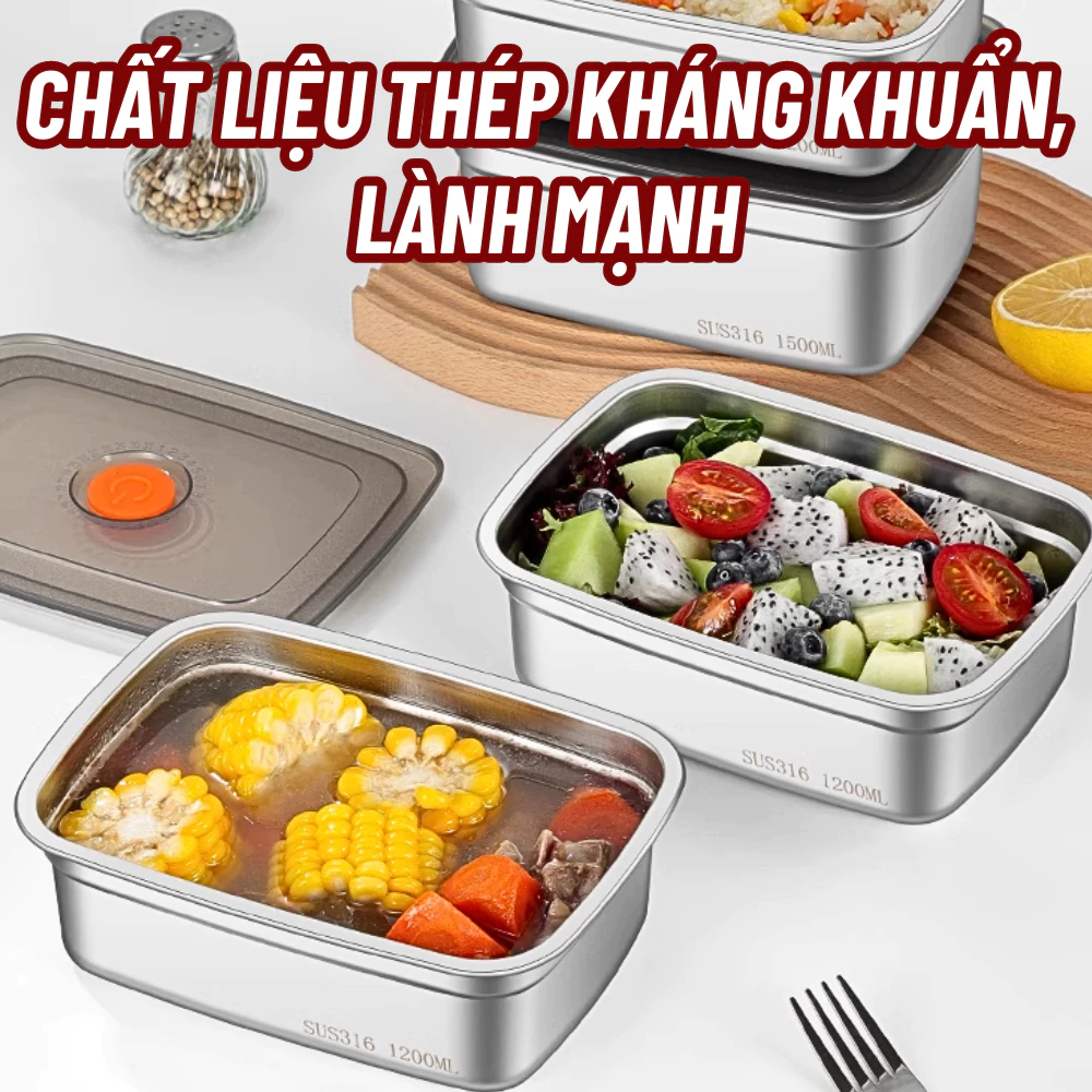 Hộp Inox 1500ML, Loại  Nắp Hút Chân Không, Khay Đựng Thực Phẩm Ngăn Mùi Tủ Lạnh - năng sử dụng được cho lò vi sóng