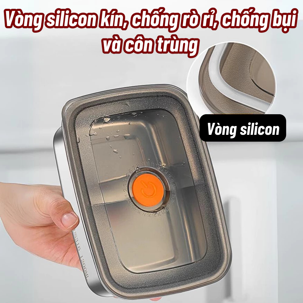 Hộp Inox 1500ML, Loại  Nắp Hút Chân Không, Khay Đựng Thực Phẩm Ngăn Mùi Tủ Lạnh - năng sử dụng được cho lò vi sóng