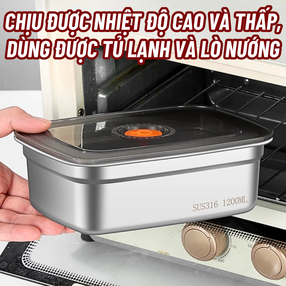 Hộp Inox 1500ML, Loại  Nắp Hút Chân Không, Khay Đựng Thực Phẩm Ngăn Mùi Tủ Lạnh - năng sử dụng được cho lò vi sóng