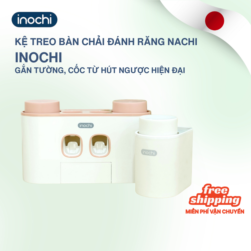 Bộ Nhả Kem Đánh Răng Tự Động Inochi - Kệ Treo Bàn Chải Dán Tường Gạch Men Kèm Cốc Hút Nam Châm