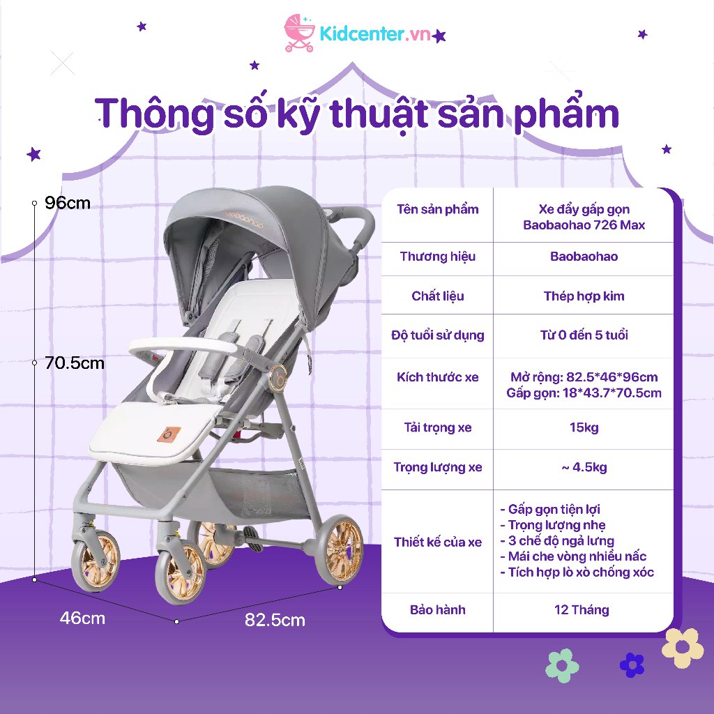 Xe Đẩy Cho Bé Baobaohao 726 Max Gấp Gọn Tiện Lợi, Đẩy Êm, Khối Lượng Nhẹ, Dễ Dàng Di Chuyển Khi Du Lịch