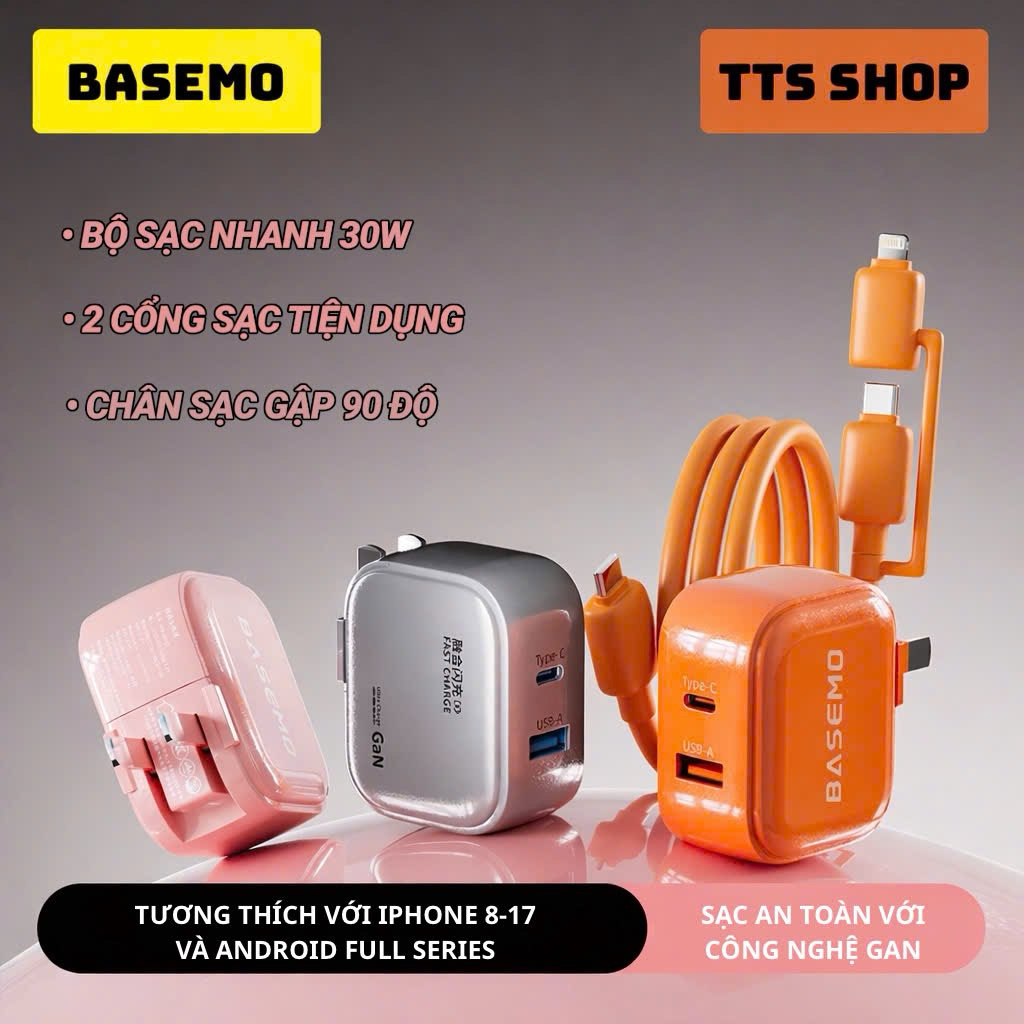 Bộ sạc nhanh Basemo 30W, Củ sạc 2 cổng kèm dây 1,5m chuyển đổi cổng ...