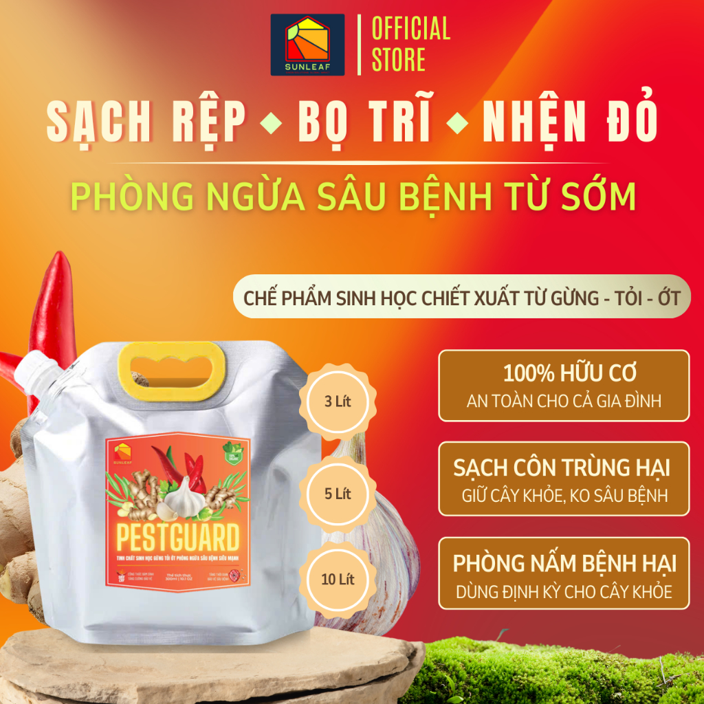 Phòng Rệp Sáp Bọ Trĩ Nhện Đỏ & Ngừa Nấm | 100% Hữu Cơ Chiết Xuất Gừng Tỏi Ớt | Rau, Phong Lan, Hoa Hồng | SUNLEAF