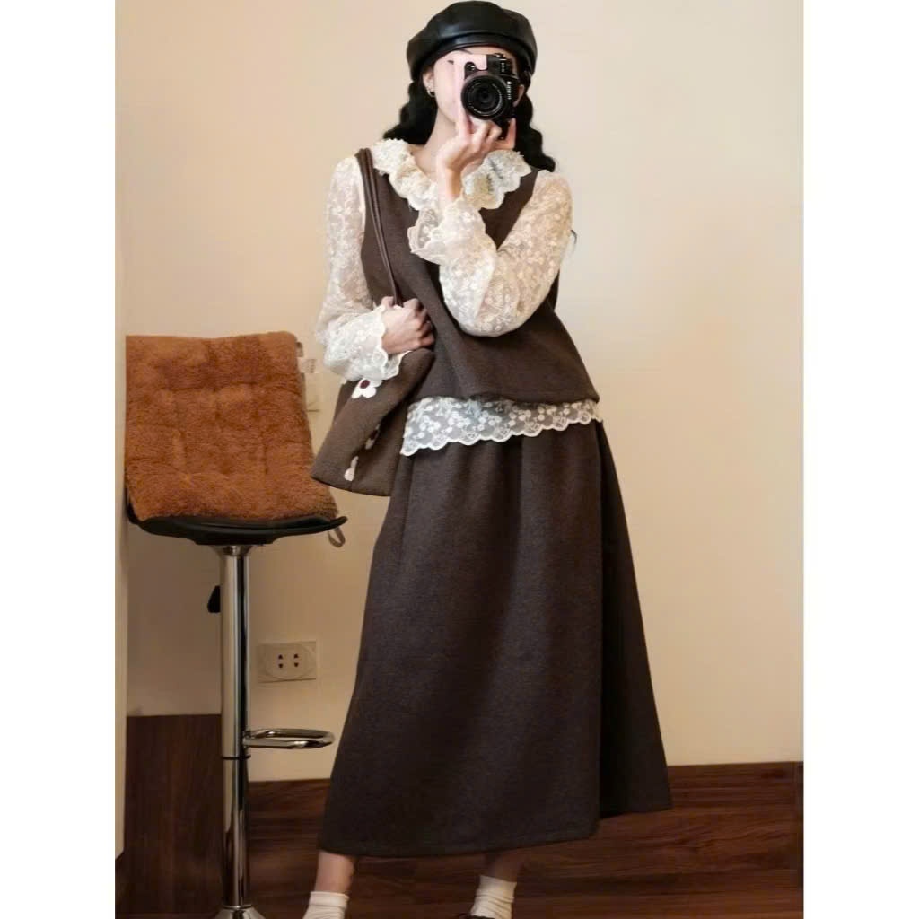 Set Dạ 2 Chi Tiết Áo Gile Có Khóa Kéo Sau Mix Chân Váy Dài Chất Dạ Style Thanh Lịch Mặc Tết (Ko kèm áo trong)