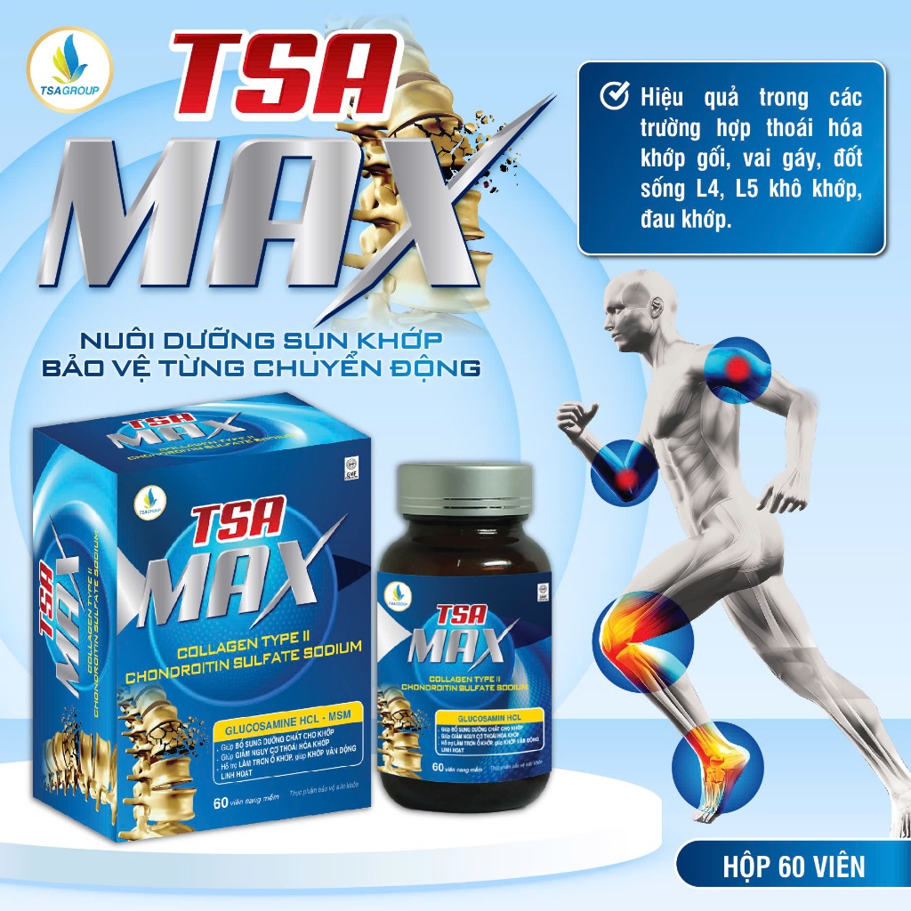 Viên khớp TSA MAX 60 viên- TPBVSK Hỗ trợ giảm triệu chứng thoái hoá khớp, viêm khớp, đau khớp gối