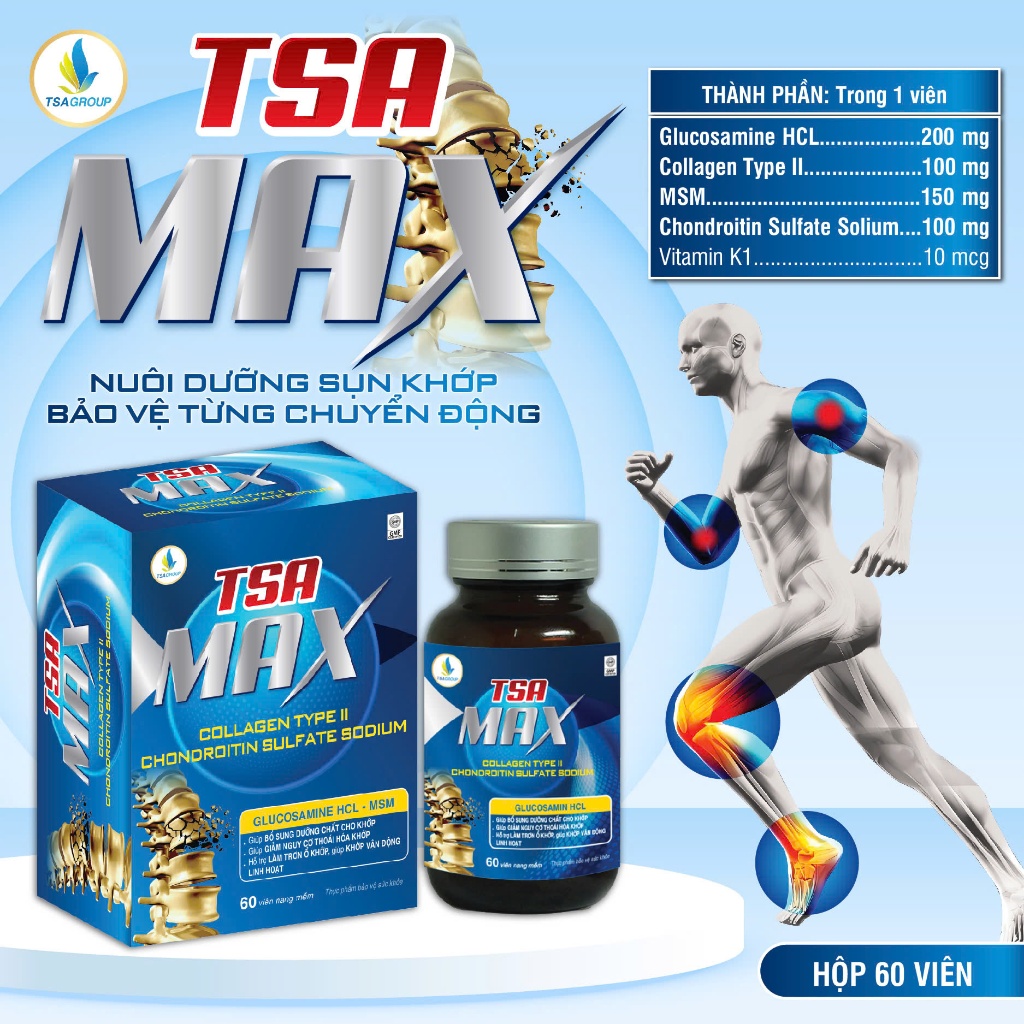 Viên khớp TSA MAX 60 viên- TPBVSK Hỗ trợ giảm triệu chứng thoái hoá khớp, viêm khớp, đau khớp gối