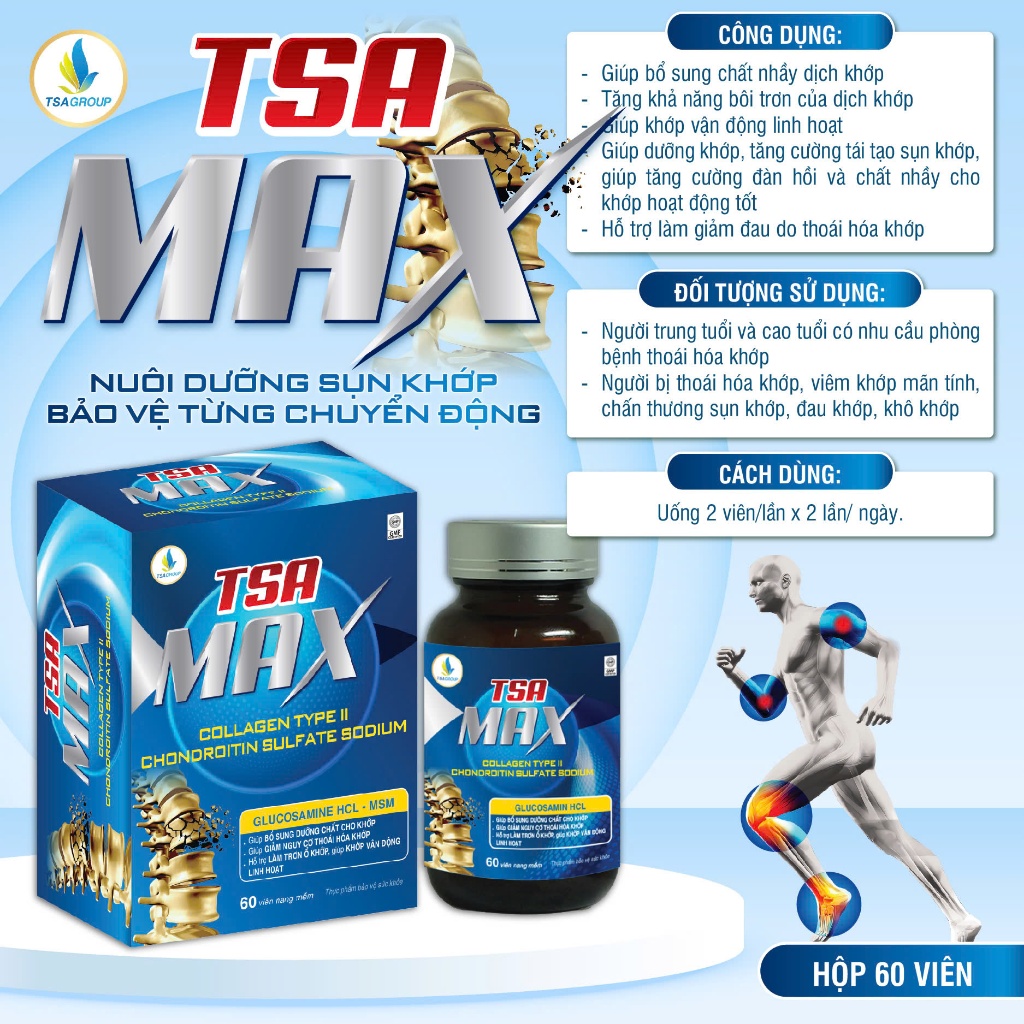 Viên khớp TSA MAX 60 viên- TPBVSK Hỗ trợ giảm triệu chứng thoái hoá khớp, viêm khớp, đau khớp gối