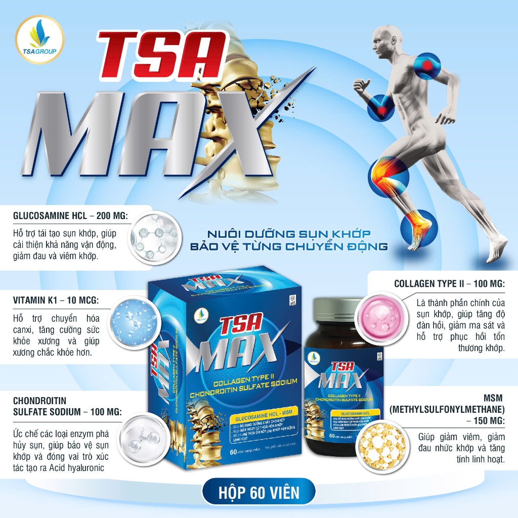 Viên khớp TSA MAX 60 viên- TPBVSK Hỗ trợ giảm triệu chứng thoái hoá khớp, viêm khớp, đau khớp gối