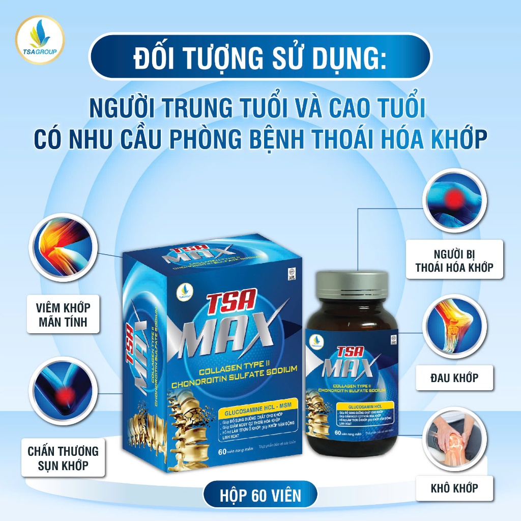 Viên khớp TSA MAX 60 viên- TPBVSK Hỗ trợ giảm triệu chứng thoái hoá khớp, viêm khớp, đau khớp gối