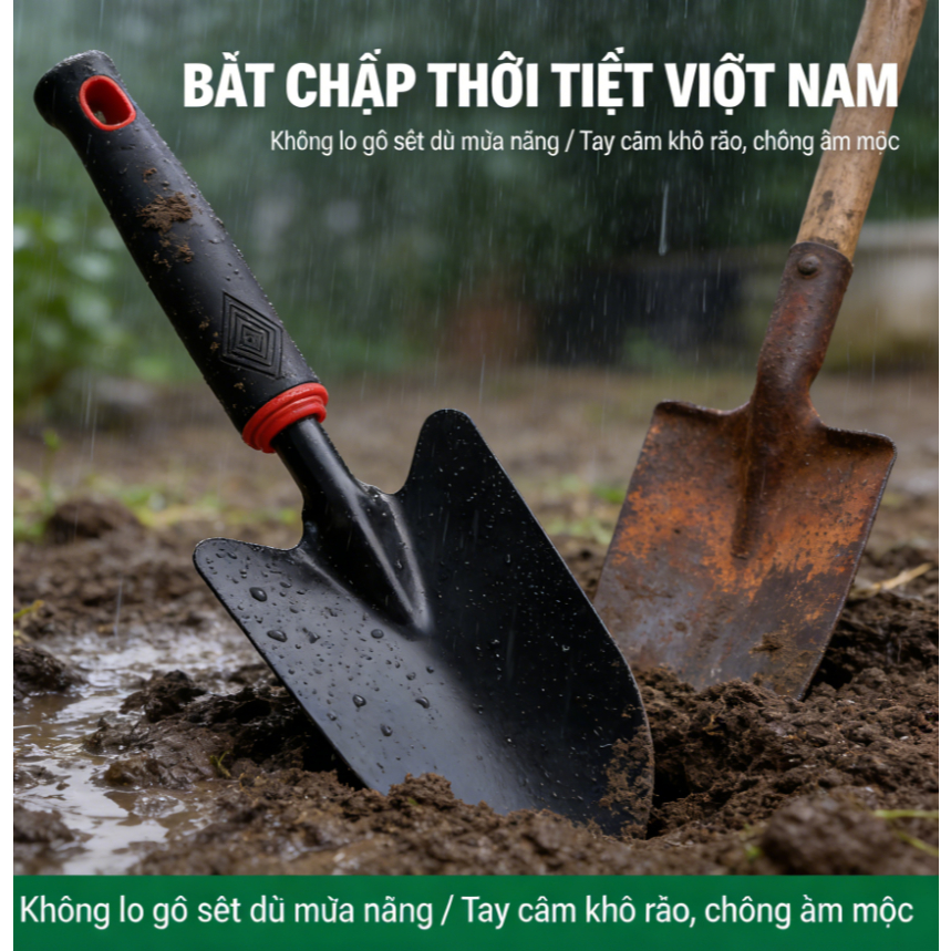 Xẻng Làm Vườn Cao Cấp Cán Cao Su - Thiết Kế Cán Dài Vừa Vặn, Lưỡi Đào Sắc Bén, Chịu Lực Tốt | Giúp Công Việc Làm Vườn, Đ