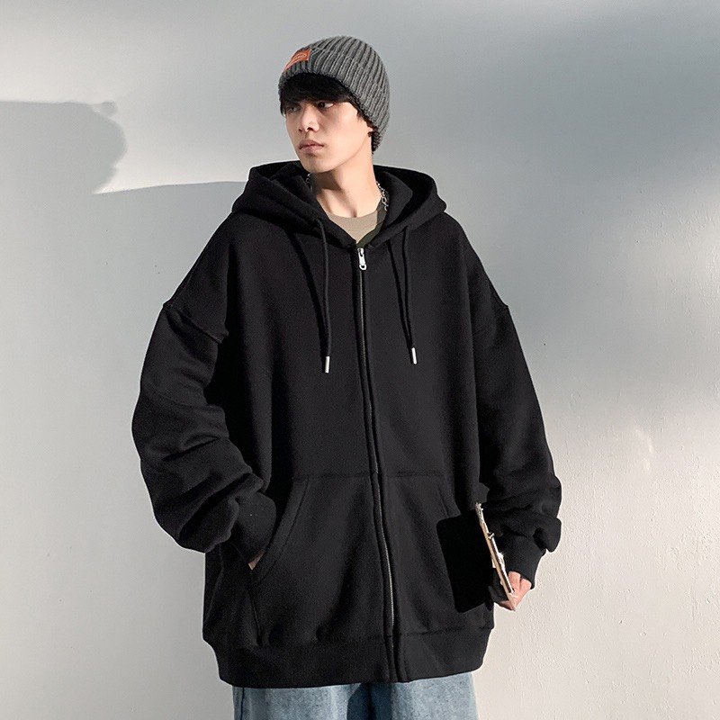 Áo Khoác Hoodie Trơn Vải Nỉ Bông màu ĐEN 🖤 Nam nữ unisex 🖤 ,Áo dây kéo Form Rộng🔥 C1