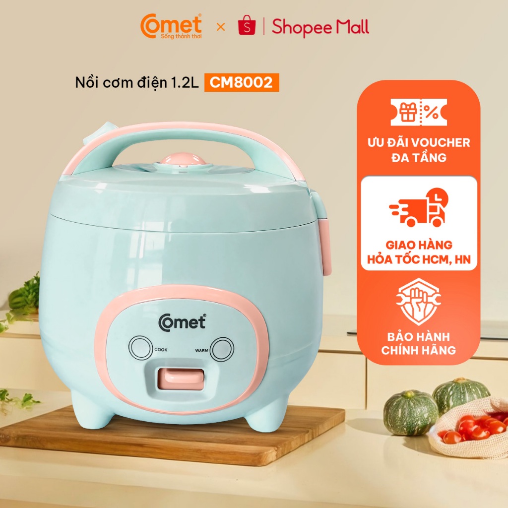 [NEW 2026] Nồi cơm điện 1,2L nắp gài COMET CM8002, lòng nồi chống dính, dành cho 3-4 người ăn