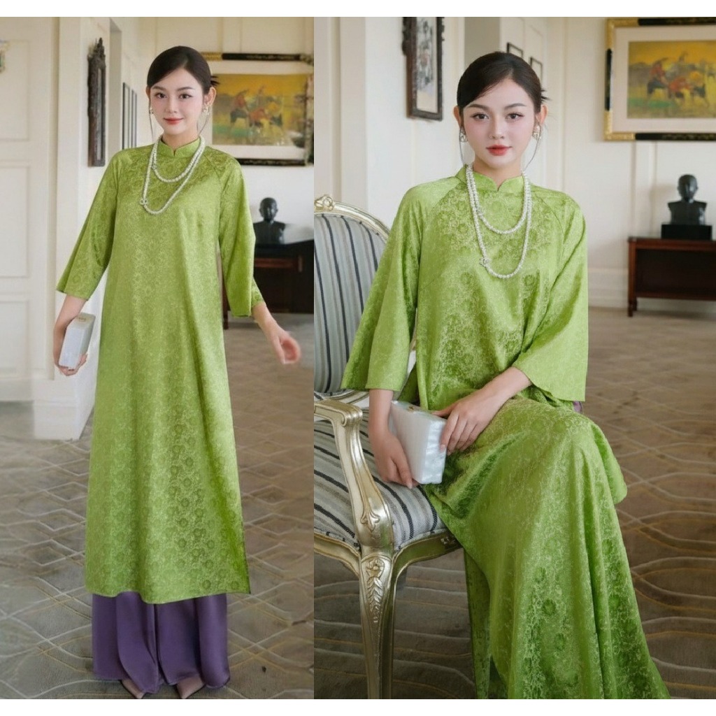 Set áo dài cách tân suông gấm hoa tay lỡ cao cổ + Quần ống rộng lụa mỹ basic truyền thống lễ Tết ăn hỏi T1459G