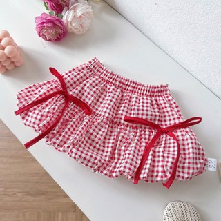[8-26kg] Chân Váy Bí Caro Phối Nơ Cho Bé Gái Chất Thô Lụa (Đỏ/ Đen/ Vàng)