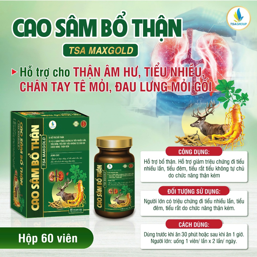 CAO SÂM BỔ THẬN TSA MAX GOLD 60 viên - Hỗ trợ bổ thận, thận âm hư, tiểu nhiều, chân tay tê mỏi, đau lưng mỏi gối