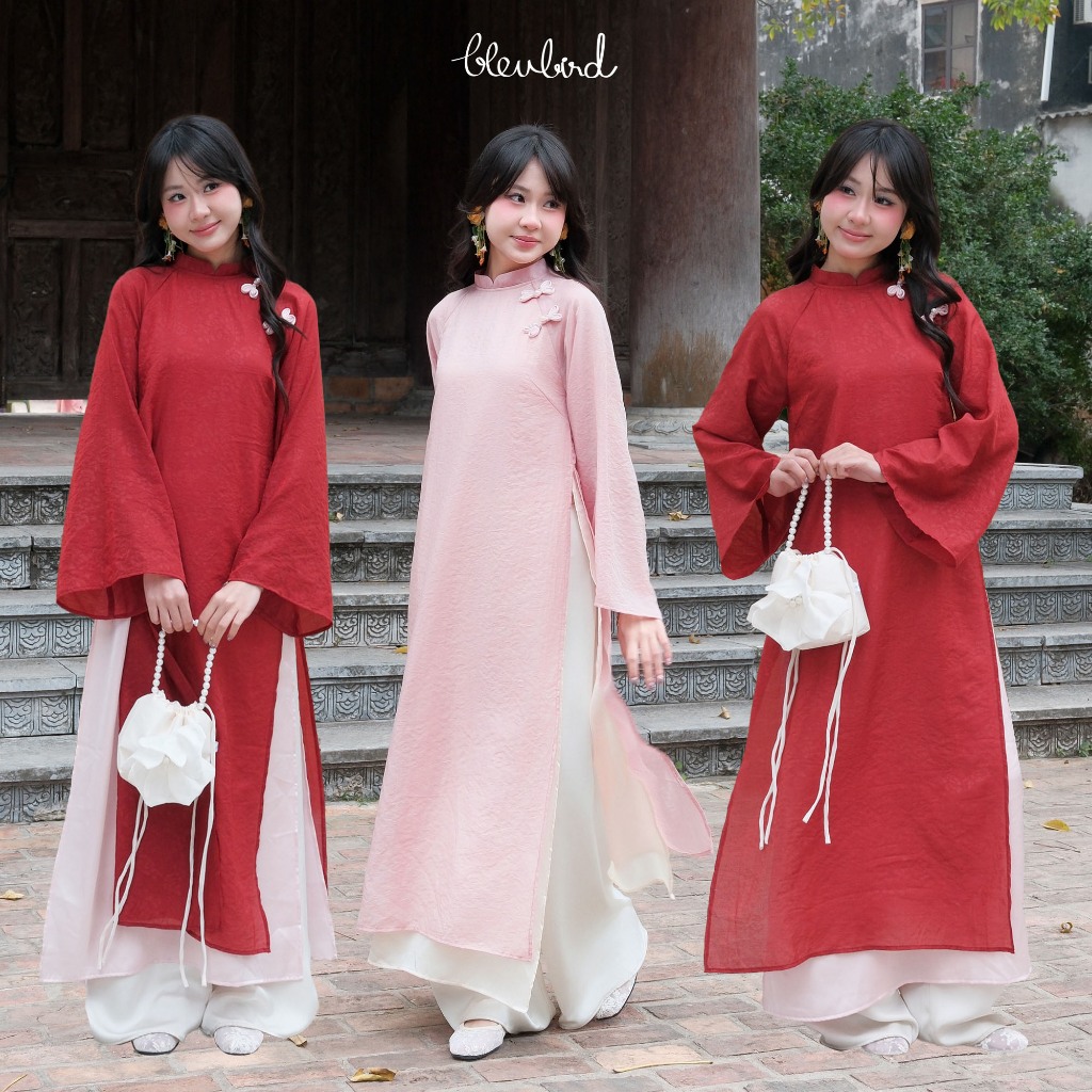 BLEUBIRD Áo dài lụa 4 tà in hoa chìm Hội Vũ