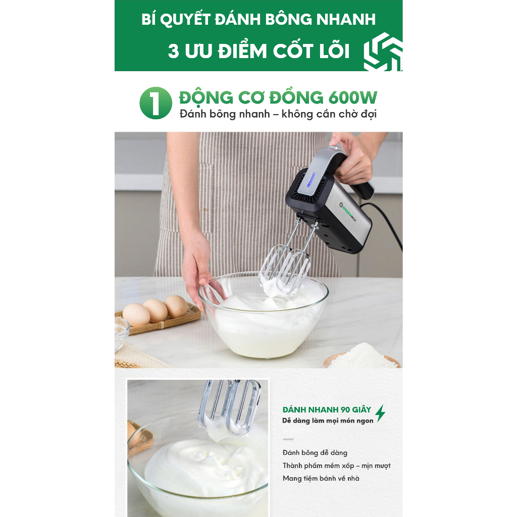 Máy Đánh Trứng, Máy Trộn Cầm Tay GREENMIX 5 Tốc Độ Công Suất 600W | BigBuy360 - bigbuy360.vn