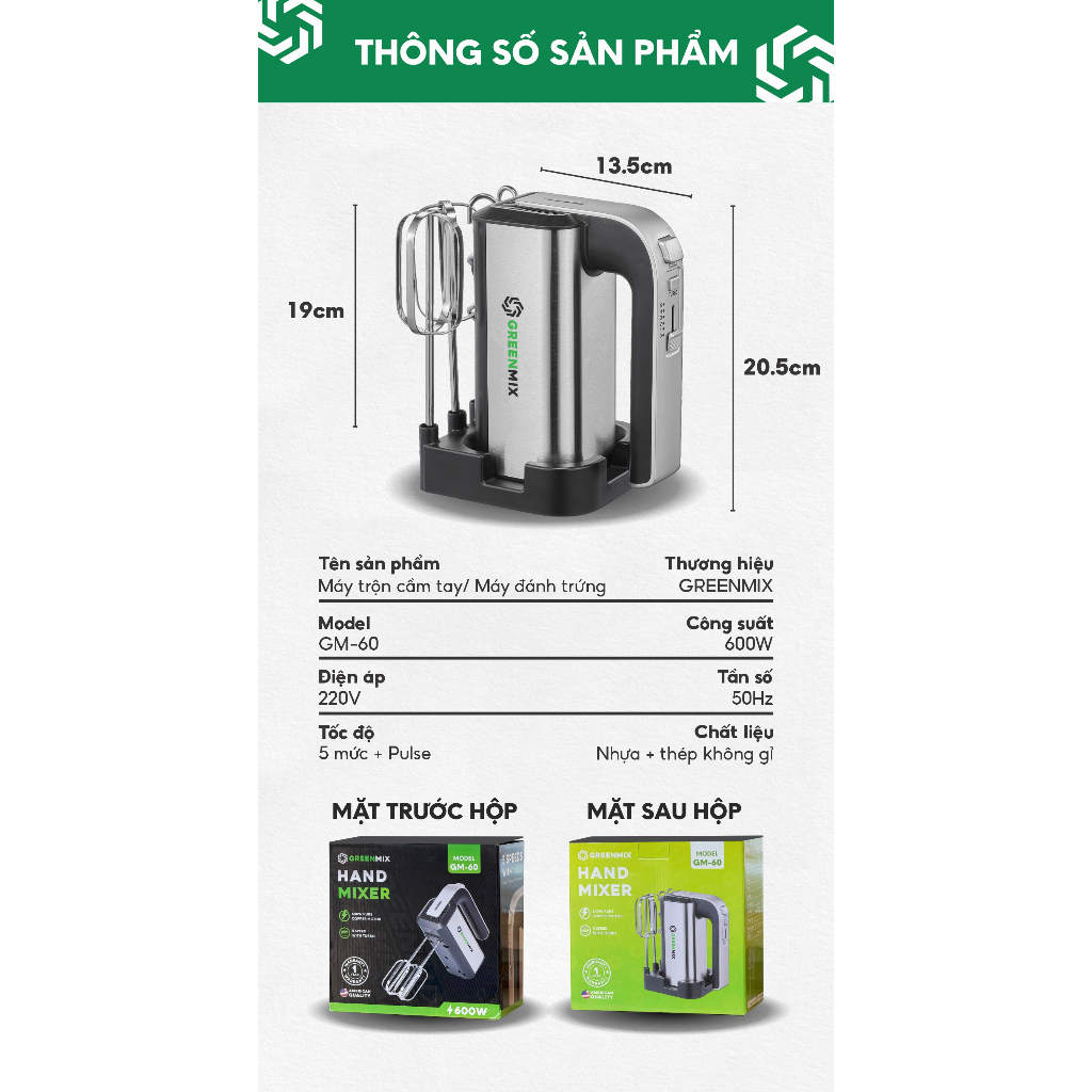 Máy Đánh Trứng, Máy Trộn Cầm Tay GREENMIX 5 Tốc Độ Công Suất 600W | BigBuy360 - bigbuy360.vn