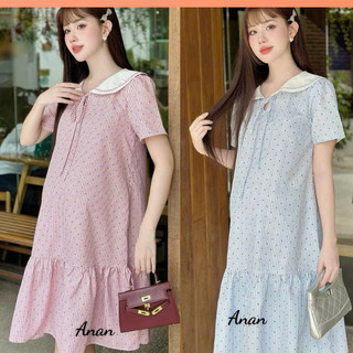 Váy bầu công sở ANAN  thiết kế 2 mầu kẻ xanh và kẻ hồng phối cổ trắng xếp ly