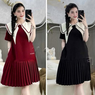 Váy bầu công sở thiết kế dáng xuông phối 2 lá cổ xinh gắn bông hoa