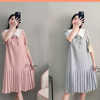 Váy bầu công sở thiết kế đuôi cá xếp ly trang trí bông hoa ở cổ