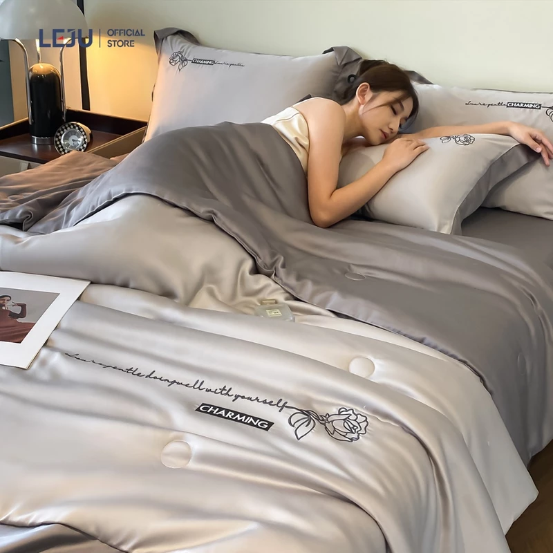 Bộ Ga Giường 4 Món Lụa Giặt Nước HOME LEJU Cao Cấp Mùa Hè Combo Chăn Ga Gối Bốn Món Drap Bo Chun — ảnh 1