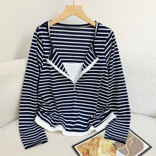 Áo Thun Kiểu Bigsize Nữ Áo Ôm Body Tay Dài Cổ V Khóa Kéo Basic Màu Kẻ Sọc Cho Chubby A340