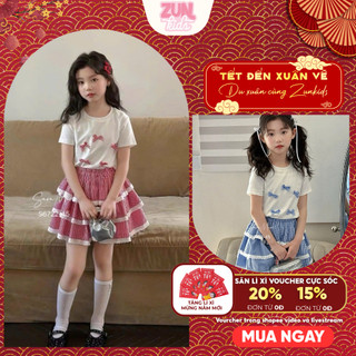 Set Áo Thun Trắng Đính Nơ + Chân Váy Caro Bé Gái S6722 | Set Áo Váy Bé Gái Hàn Quốc