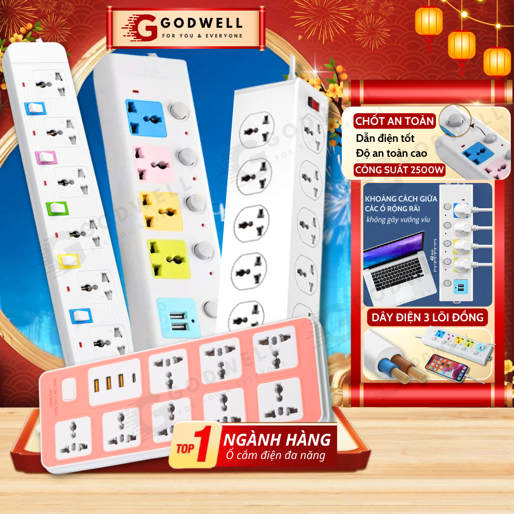 Ổ Cắm Điện Đa Năng GODWELL Chịu Tải 2500W Dây Dài 1.8-4m, Có Cổng USB, Chốt Bấm Chống Giật An Toàn