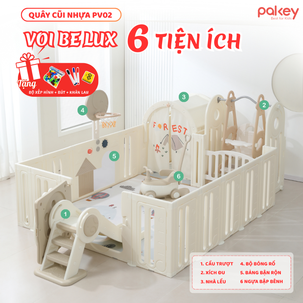 Bộ Quây Cũi 8in1 PAKEY VOI LUX Cao Cấp - Set Quây Nhựa Full Tiện Ích Cho Bé Nhựa Nguyên Sinh Dày Dặn An Toàn
