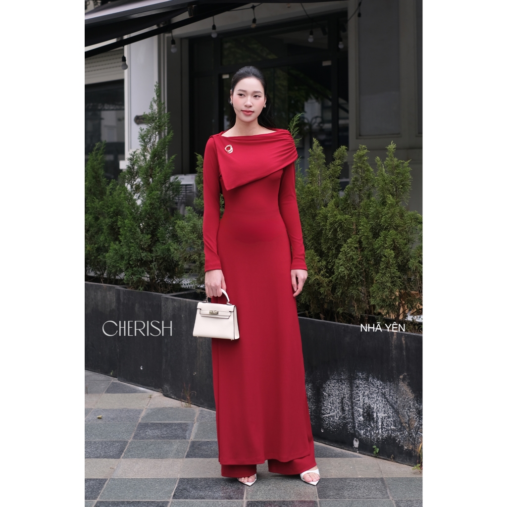 CHERISH – Đầm Dài NHÃ YÊN Cổ Lệch Drape Tôn Dáng, Đầm Dự Tiệc Thanh Lịch Sang Trọng