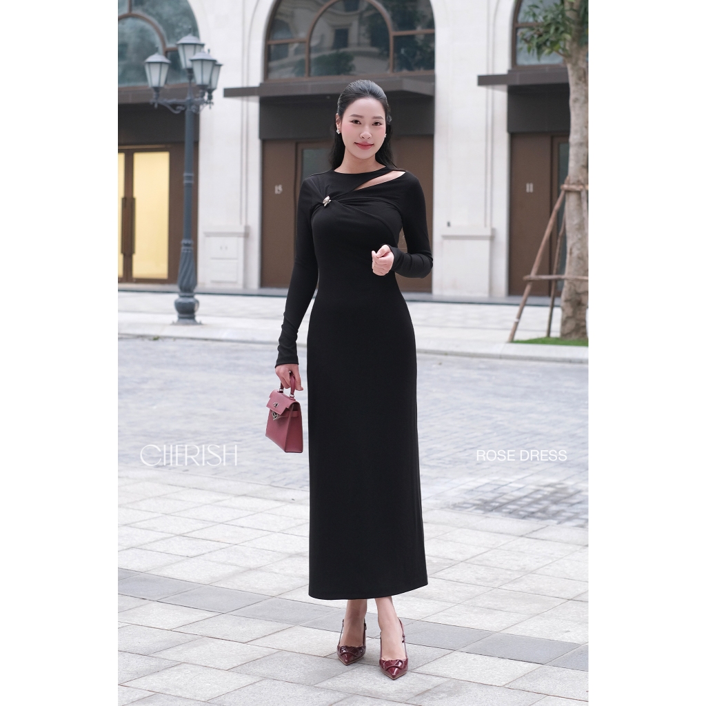 CHERISH – Đầm ROSE Dài Cổ Lệch Drape Tôn Dáng, Đầm Thanh Lịch Sang Trọng Dự Tiệc