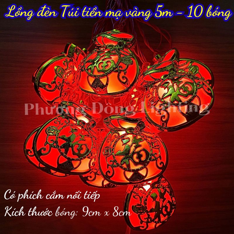 Dây Đèn led lồng đèn hình túi tiền viền vàng 5m - 10 bóng Trang trí Lễ Tết