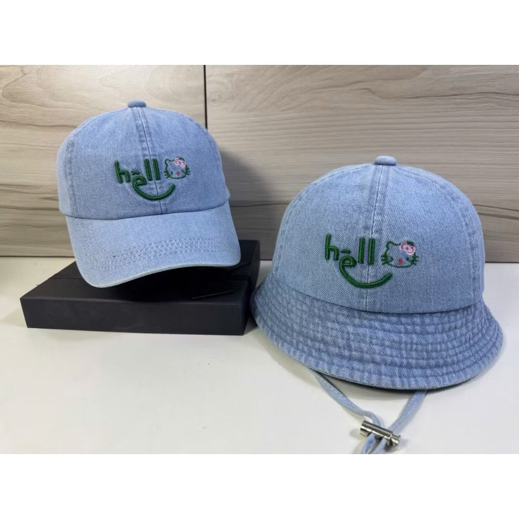 Combo mũ kết và vành rin cho bé 4-9 tuổi - Nón jean thêu mèo hello thời trang cho bé siêu đẹp