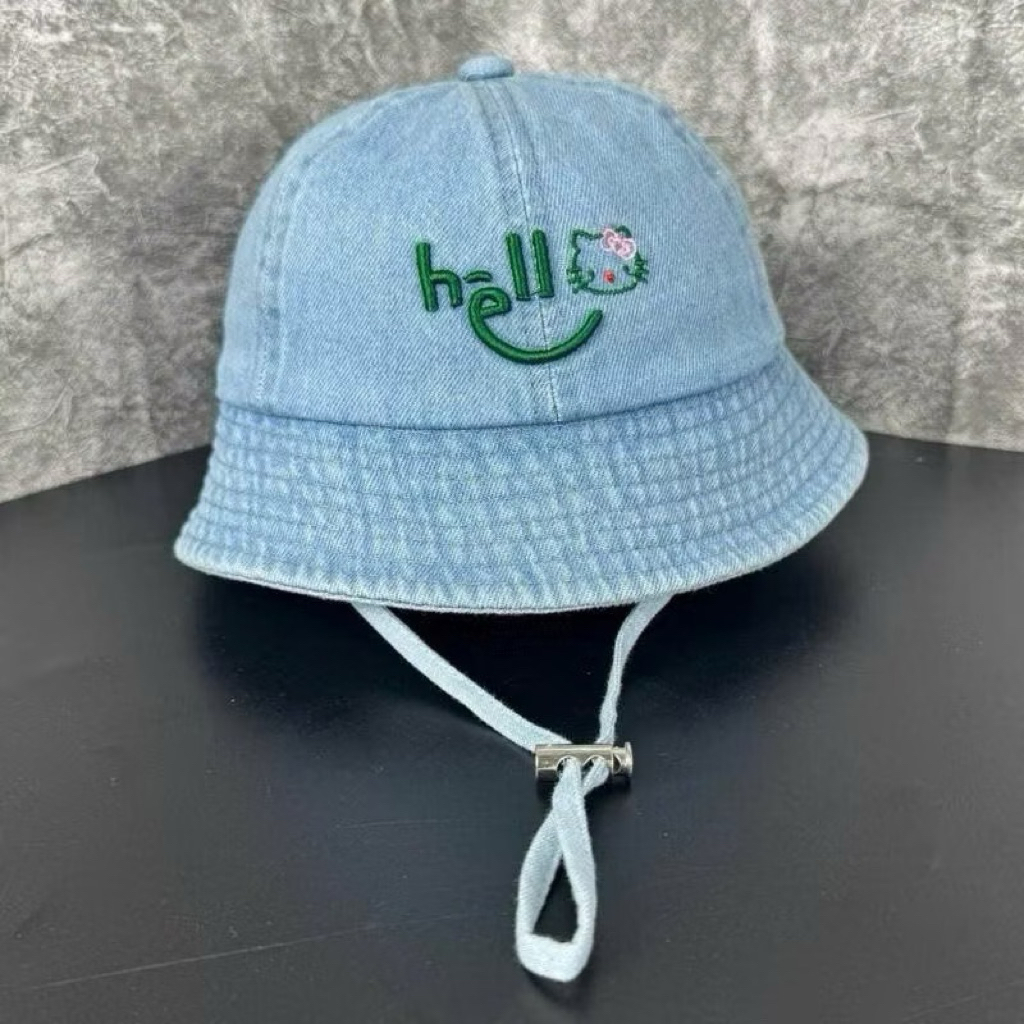 Mũ vành tròn rin thêu mèo kitty cho bé 4-9 tuổi - nón bucket jean xịn phối thêu mèo hello thời trang cho bé