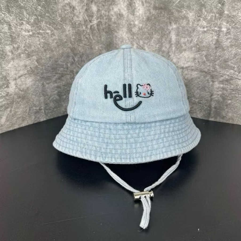 Mũ vành tròn rin thêu mèo kitty cho bé 4-9 tuổi - nón bucket jean xịn phối thêu mèo hello thời trang cho bé