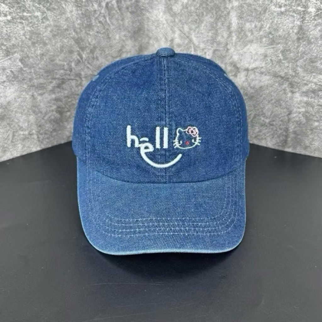 Mũ vành tròn rin thêu mèo kitty cho bé 4-9 tuổi - nón bucket jean xịn phối thêu mèo hello thời trang cho bé