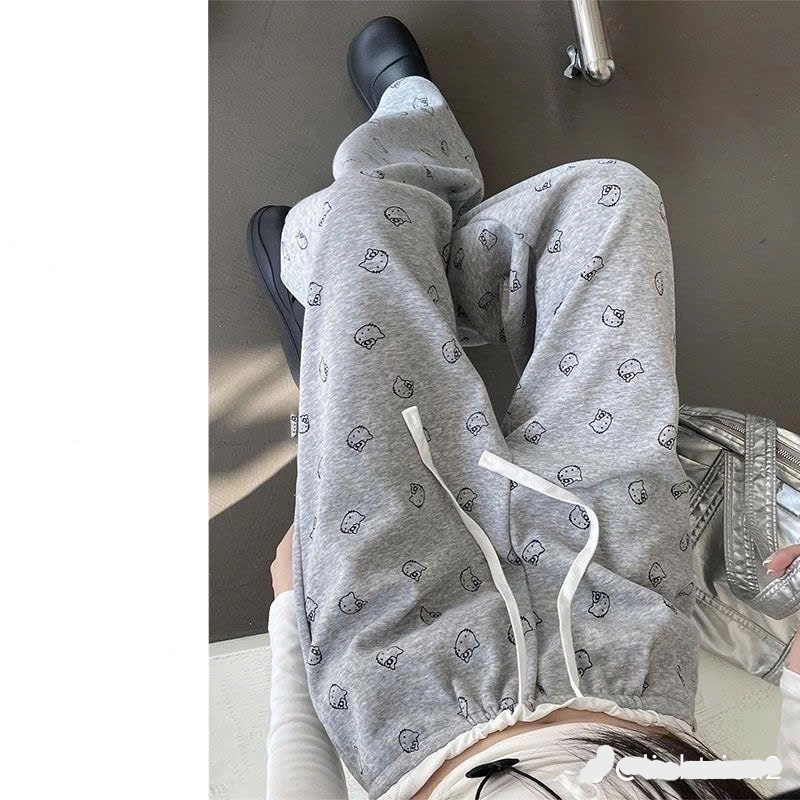 Quần Dài Mèo Kitty Phối Cạp Trắng Ống Xuông Basic Quần Dài Nữ Ống Rộng Mặc Đi Học Đi Chơi Cực Đẹp