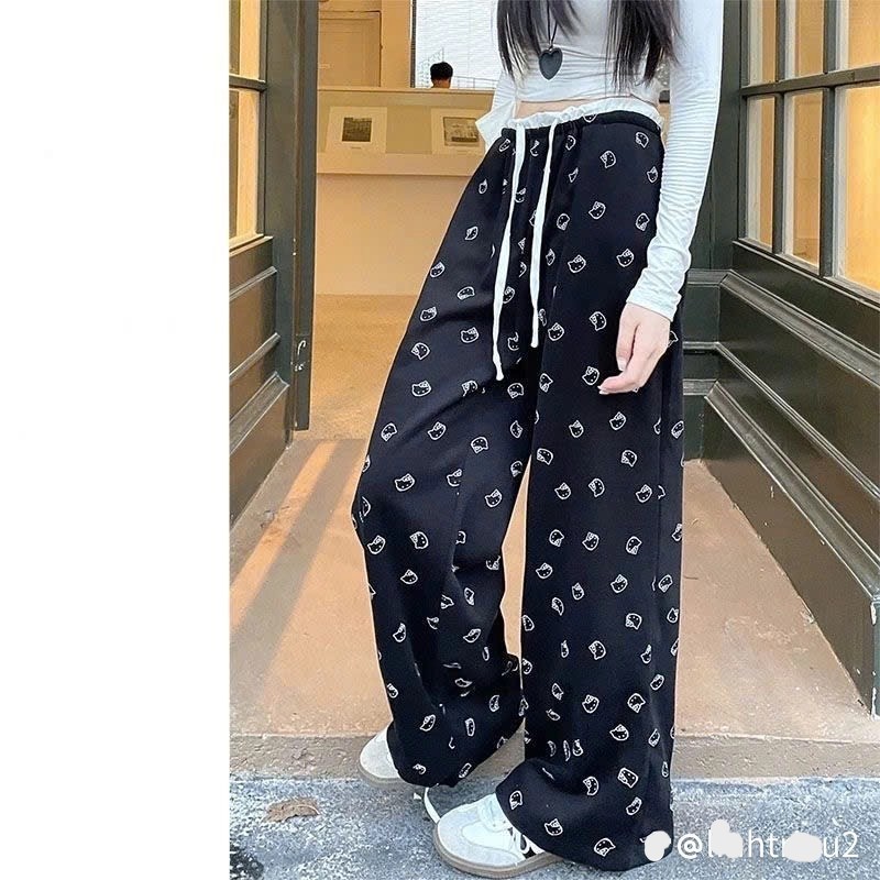 Quần Dài Mèo Kitty Phối Cạp Trắng Ống Xuông Basic Quần Dài Nữ Ống Rộng Mặc Đi Học Đi Chơi Cực Đẹp