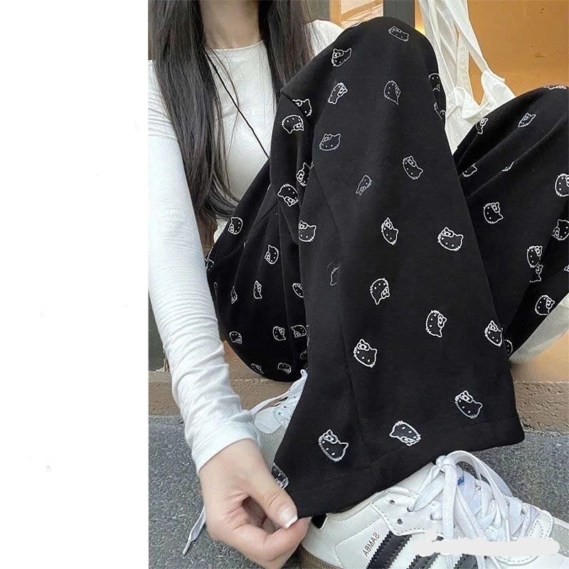 Quần Dài Mèo Kitty Phối Cạp Trắng Ống Xuông Basic Quần Dài Nữ Ống Rộng Mặc Đi Học Đi Chơi Cực Đẹp