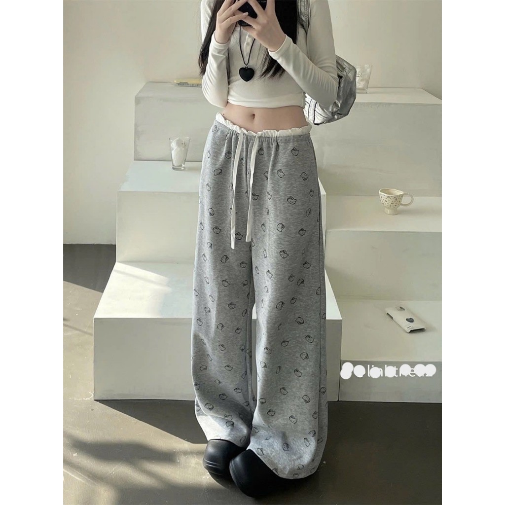 Quần Dài Mèo Kitty Phối Cạp Trắng Ống Xuông Basic Quần Dài Nữ Ống Rộng Mặc Đi Học Đi Chơi Cực Đẹp