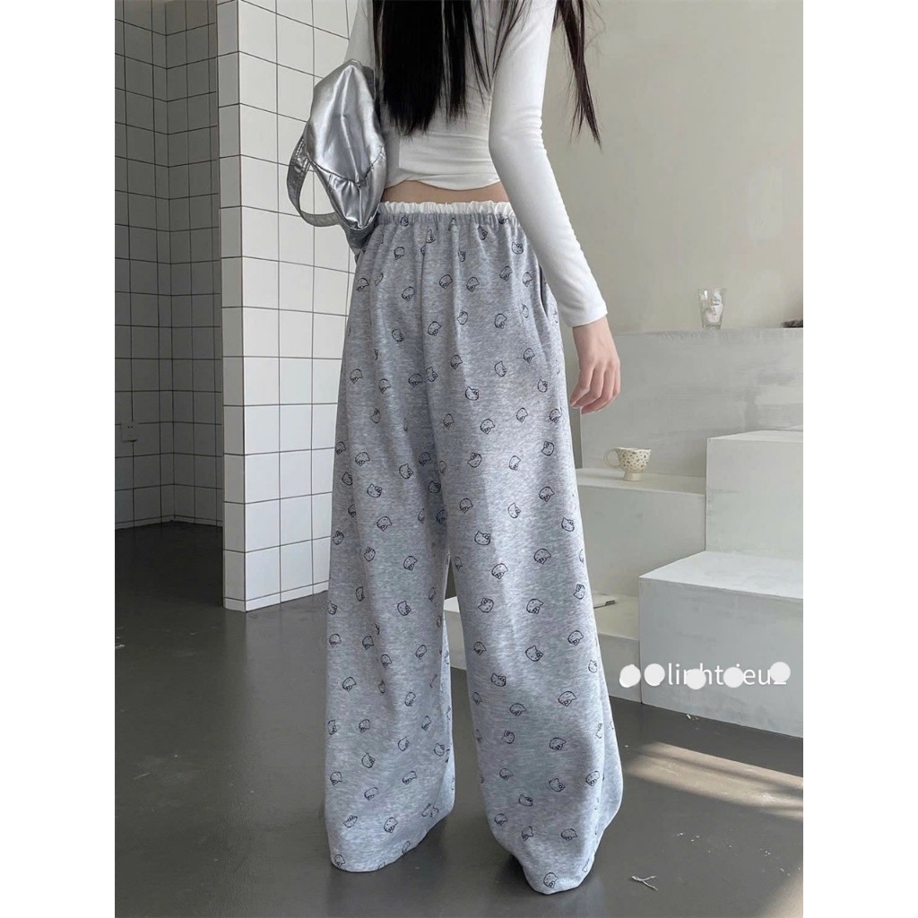 Quần Dài Mèo Kitty Phối Cạp Trắng Ống Xuông Basic Quần Dài Nữ Ống Rộng Mặc Đi Học Đi Chơi Cực Đẹp