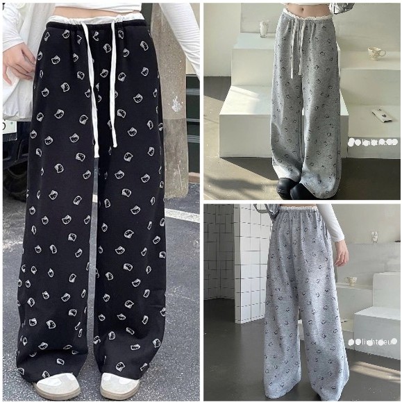 Quần Dài Mèo Kitty Phối Cạp Trắng Ống Xuông Basic Quần Dài Nữ Ống Rộng Mặc Đi Học Đi Chơi Cực Đẹp