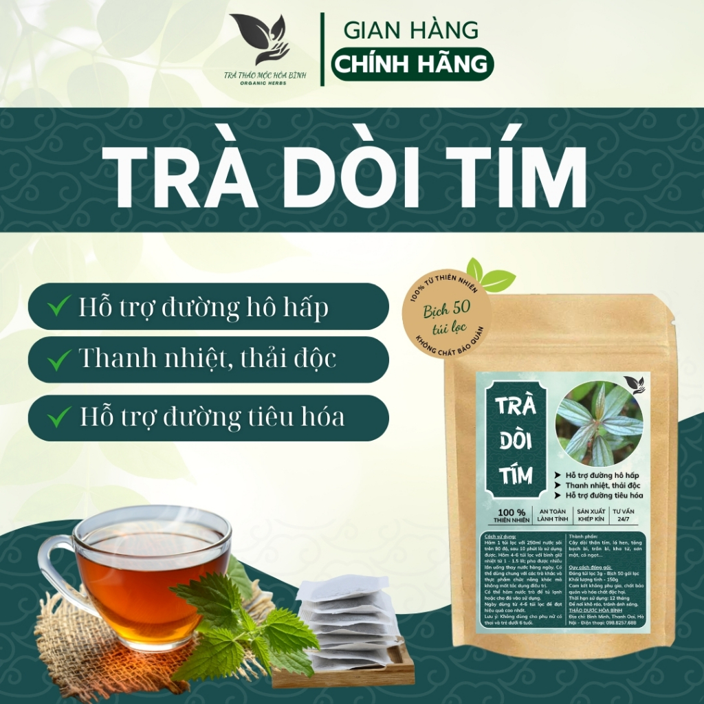 Trà Túi Lọc Dòi Thân Tím - Hòa Bình Organic - Thanh lọc, sạch phổi, hỗ trợ đường hô hấp.