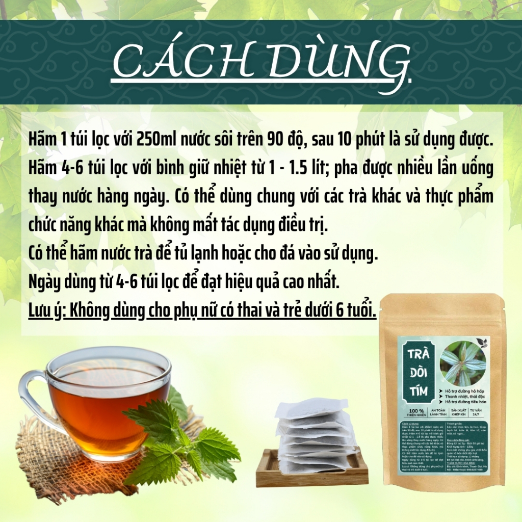 Trà Túi Lọc Dòi Thân Tím - Hòa Bình Organic - Thanh lọc, sạch phổi, hỗ trợ đường hô hấp.