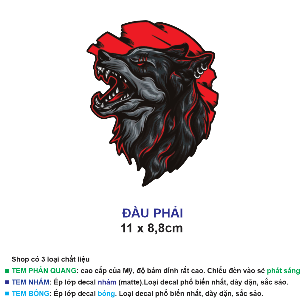 ĐẦU SÓI NGẦU. Dán trang trí đầu đèn, mỏ dè xe. Decal hình dán xe máy chống nước. WOLF Sticker