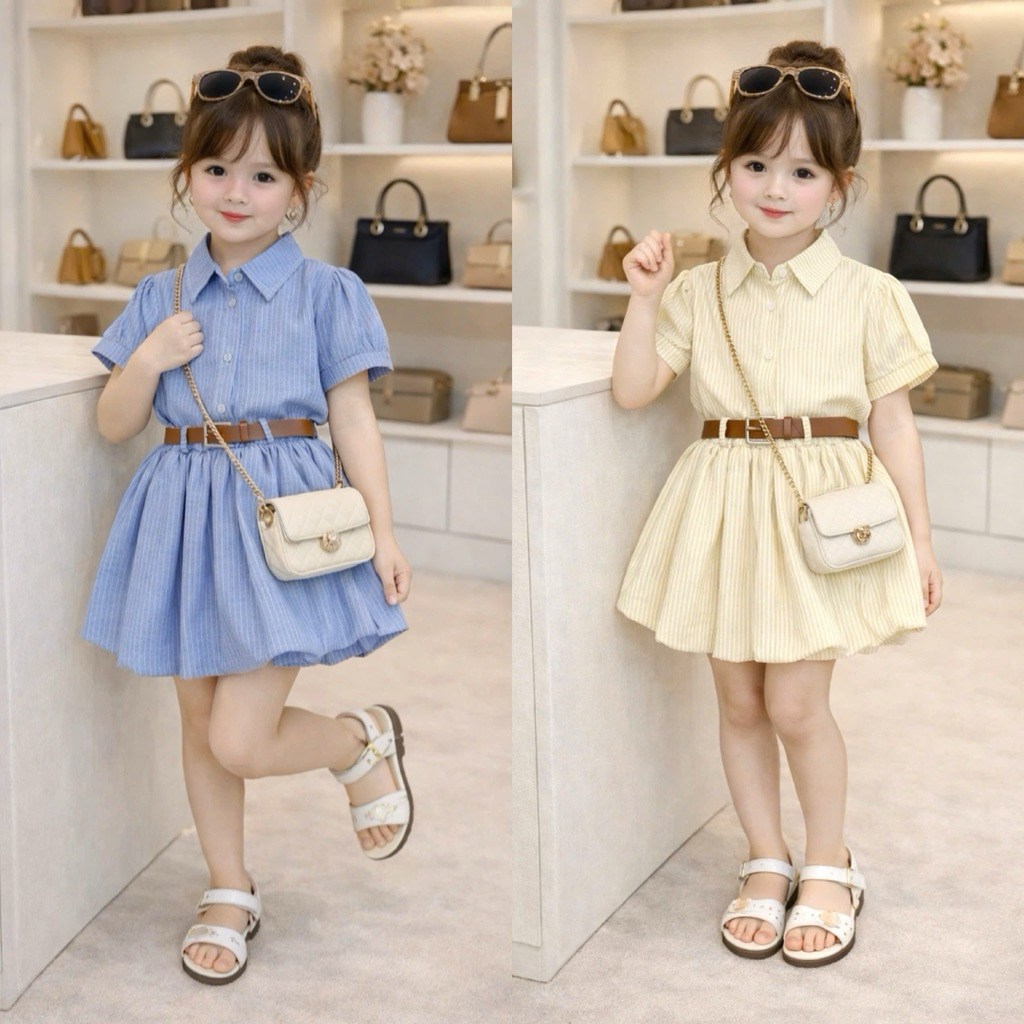 X90 - Set váy kẻ tay bồng Tặng Dây Lưng phối chân váy bồng bí Ngô cho bé gái (12-38kg)