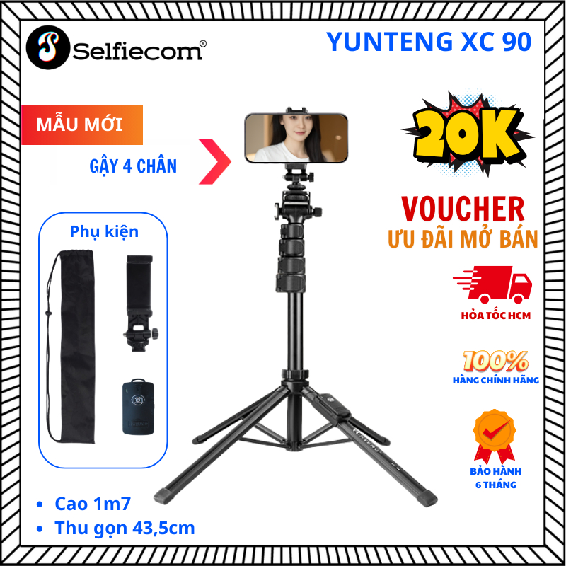 Gậy chụp ảnh 4 chân Yunteng XC-90 – Tripod tích hợp gậy selfie, Bluetooth điều khiển từ xa, gấp gọn 171cm quay vlog live