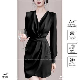 Đầm voan tay dài thiết kế cổ V vạt chéo cao cấp LUST Váy nữ công sở vạt chéo nhún sang chảnh M210
